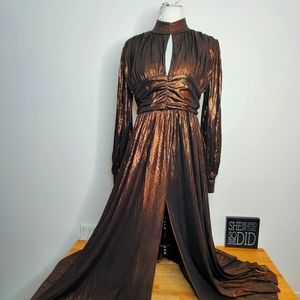 Momnfancy Solid Cut Out Front Shimmery Bronze Dress with front slit. Sexy Dress